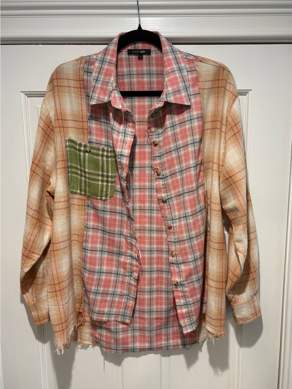 Papermoon Women’s Small Orange & Cream Plaid Button-Down with Green Patch Pocket